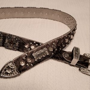BHW Leather Belt Large Rhinestone Cowgirl Western Women's Cowhide Fur